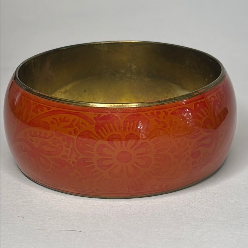 Vintage Brass Floral Red and Gold Tone Bangle Statement Bracelet
